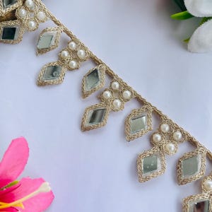 Golden Diamond Shape Mirror Lace By Yard – 1.5&quot; Pearl Drop Border Trim for Wedding Dress, Blouse, Crafts, Embellishment