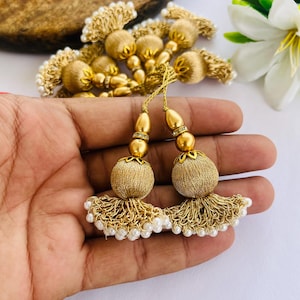 Pearl Edge Gold Tassel Charms: Bridal Lehenga Dangles - Set of 2