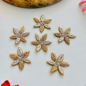 Set di 6 applicazioni ricamate a mano in stile Zardozi | Motivo a foglia oro e argento