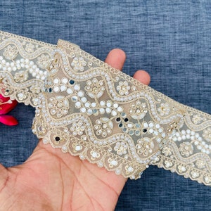 1 Yard Pale Gold Indian Zari Crystal Stone Mirror Pearl Embellished Scallop Net Fabric Trim Sari Dupatta Lace Trim Border, 9.5CM Wide