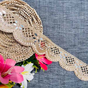Antike Goldperle, Zirkon- und Spiegelpailletten-Jakobsmuschelbesatz, indisch bestickte Sari-Spitze, Hochzeitsschärpe, Lehenga-Dupatta-Besatz