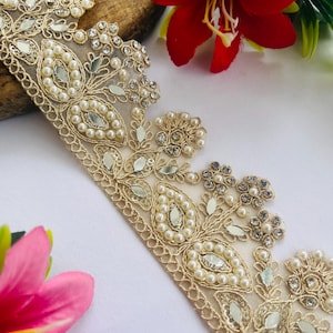 Decorazione a specchio con perle floreali da 1 metro | Ampia striscia dorata fatta a mano per sari, camicette, dupatta, abiti, lehenga