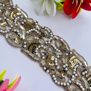 Dark Gold Sequin & Beaded Trim By Yard – 2.5&quot; Wide Luxury Embellished Border for Saree, Wedding Dress, Curtains, Crafts Embellishment