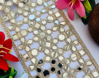 Luxury Gold Mirror Embellished Zari Trim – Handcrafted Lace for Sewing, 1 Yard