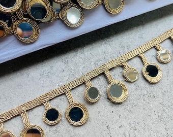 Handcrafted Gold Mirror Lace Trim | Designer Cutwork Border(1.4" Wide), 1 Yard