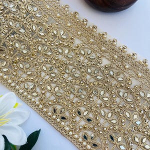 Pearl & Mirror Embellished Gold Wide Trim by Yard – Luxury Border Lace for Wedding Dress, Saree, Curtains, DIY Crafts, Dress Making