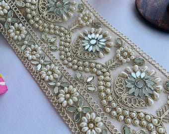 Luxury Beaded Floral Bridal Trim - Gold Sequin Embellished Lace, 1 Yard