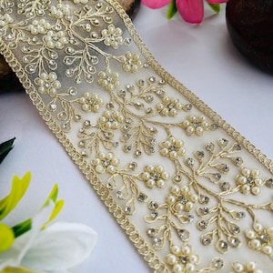 1 Yard Pearl Mirror Zircon Lace Trim | Embellished Gold Saree Border | Luxury Wedding Dress Trim | DIY Sewing & Craft Supplies