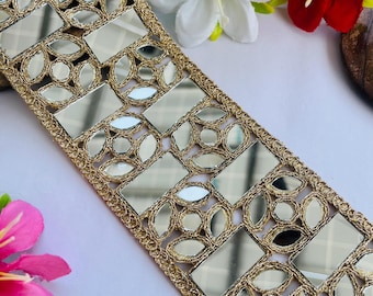 1 Yard, Golden Mirror Work Lace Trim | Diamond Pattern Bridal Saree Border