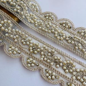 Passamaneria larga in oro morbido con perle e zirconi, al metro, lussuosa bordatura in pizzo per abiti da sposa, sari, tende, bricolage