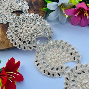 Pearl Embellished Golden Scalloped Mirror Trim Lace, Indian Sari Border Lace, Net Fabric Lehenga Gown Dress Trim , 3.5&quot; Inch Wide