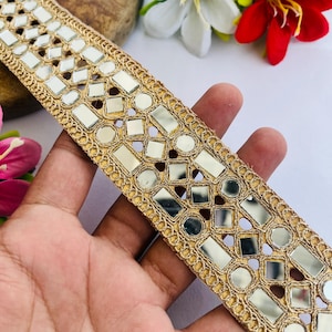1 metro di passamaneria a specchio geometrica fatta a mano, bordo in pizzo decorato in oro scuro per sari, abiti da sposa, tende