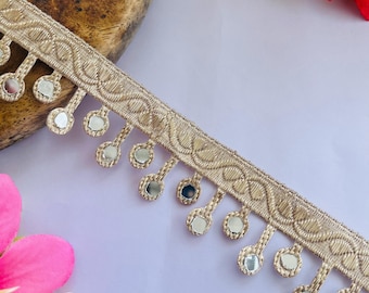 Handcrafted Gold Zari Mirror Work Trim: Scalloped Lace Border, 1 Yard