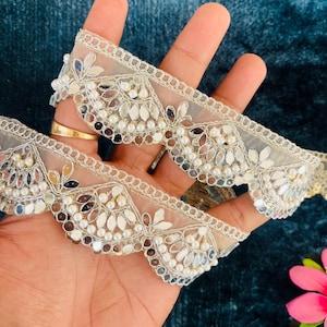 Pearl Embellished Golden Scalloped Mirror Trim Lace, Indian Sari Border Lace, Net Fabric Lehenga Gown Dress Trim , 1.7&quot; Inch Wide