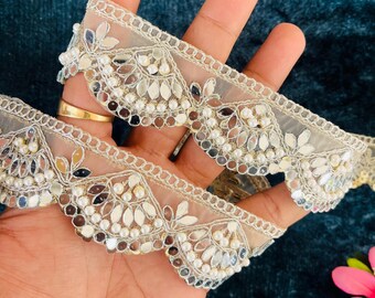 Pearl Mirror Scalloped Lace Trim, Gold Embroidery Sari Border, 1 Yard