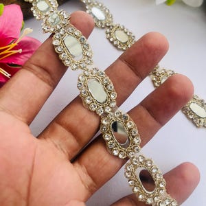 Pizzo a specchio con perline fatte a mano - Bordo dorato decorato con strass, 1 iarda