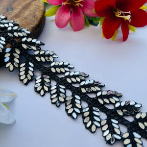 Bellissimo bordo intagliato a specchio nero, bordo glamour per sari, pizzo indiano Dupatta, bordo decorativo fai da te per cucito a metro