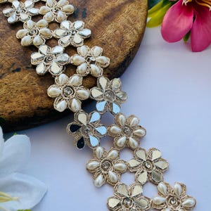 Mirror Pearl Zircon Flower Trim, Décor Strip for Bordering Saree, Mirror Trim Lace Boho Wedding, Pale Gold Motif Edging Lace Fabric by Yard