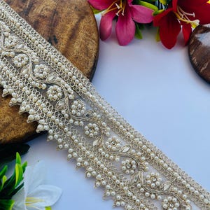 Spiegelperlen Zirkon Blumenbesatz, Dekorstreifen für Saree-Umrandung, Spiegelbesatz Spitze Boho Hochzeit,Blassgold Saree-Edging Spitze Stoff