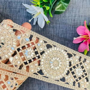 Pearl Embellished Golden Scalloped Mirror Trim Lace, Indian Sari Border Lace, Net Fabric Lehenga Gown Dress Trim , 3&quot; Inch Wide