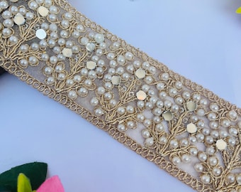 Gold Pearl Mirror Trim, 4.5 CM Wide, Bridal Wedding Embellished Lace, 1 Yard