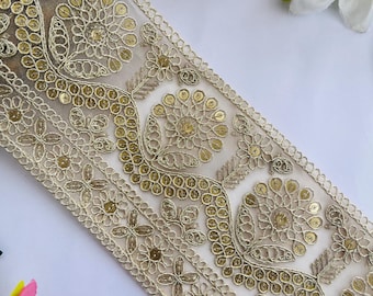 Golden Sequin Embroidered Lace Trim – Bridal Zari Border, 1 Yard