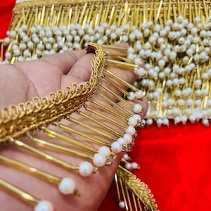 Stunning Faux Pearl & Glass Beads Antique Gold Rain Drop Suspended Scallop Beaded Trim, Indian Beaded Lehenga Dupatta Tassel Lace
