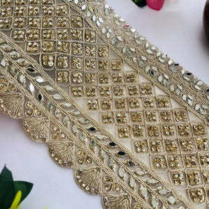 1 Yard Wide Zircon Mirror Embellished Lace Trim | Heavy Border for Sarees, Bridal Dresses, Gowns | DIY Sewing & Craft Supplies | 14 CM Wide