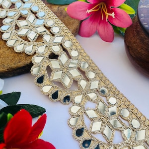 Mirror Trim Lace, Zari Lace Border, Gold Embellish Trim, Indian Saree Border, Wedding Dress Trim, DIY Lace for Crafts, Sewing Trim Supplies, Mirror Embroidery, Geometric Lace Trim, Curtain Border Lace, Gold Lace Lehenga, Handmade Zari Lace, Home Décor Trim