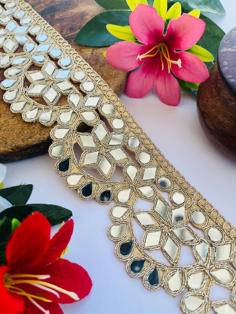 Mirror Trim Lace, Zari Lace Border, Gold Embellish Trim, Indian Saree Border, Wedding Dress Trim, DIY Lace for Crafts, Sewing Trim Supplies, Mirror Embroidery, Geometric Lace Trim, Curtain Border Lace, Gold Lace Lehenga, Handmade Zari Lace, Home Décor Trim