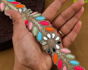 刺繍入りミラーワークレーストリム：カラフルなインドサリーボーダー、1.5インチ