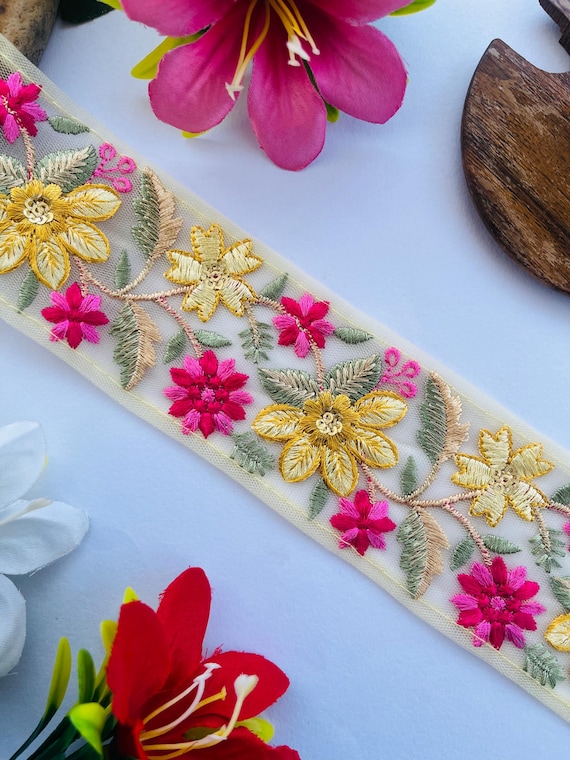 Embroidered Floral Net Lace Trim: Indian Sari Border, Wedding Dress Fabric
