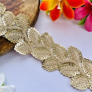 Soft Gold Leaf Vine Sequin Lace 2 Inch Wide Bridal Lehenga Edging Ribbon, 1 Yard