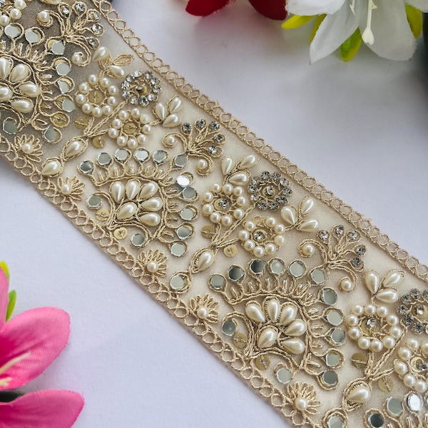 Gold Zari Lace Trim: Pearl & Mirror Beaded Indian Embroidered Border, 1 Yard