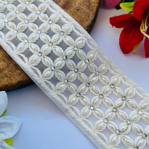 Ivory Pearl & Zircon Sari Lace Trim: Indian Embroidered Border, 2.5&quot; Wide, 1 Yard