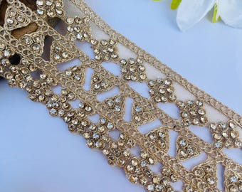 Rhinestone Embellished Trim Bridal Saree Border Indian Lace, 1 Yard(2.25Inch Wide)