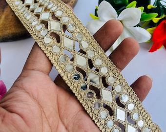 Gold Mirror Work Trim – 4.5 CM Wide Lace Border For Fashion Accessories, 1 Yard