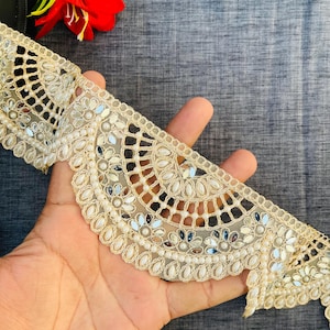 1ヤード ミラーパール装飾ゴールドブロードトリム、インド対称ザリ刺繍パールザルドジボーダーレース、幅3インチ