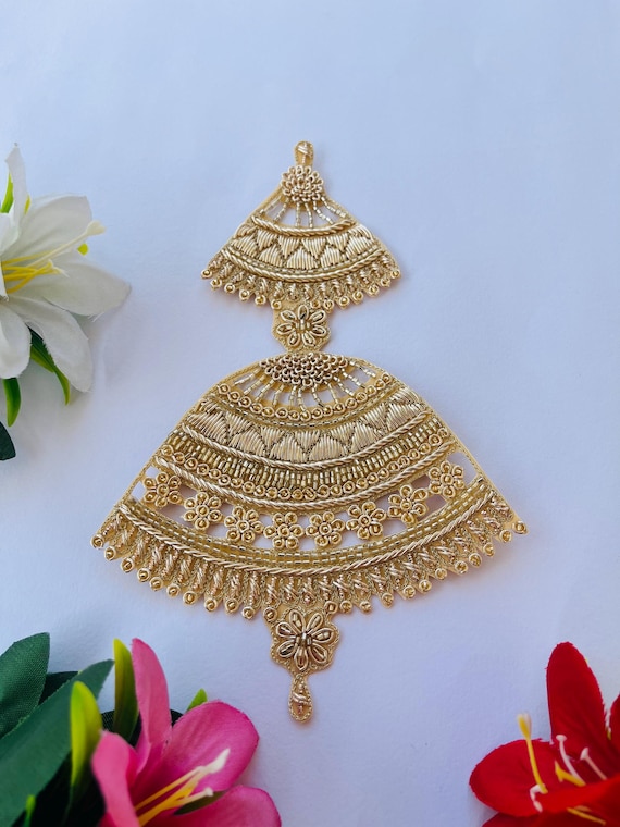 golden patch for dress Zardozi Embroidered Patch, Heavy Handmade Sew on Applique, Bridal Motif Decoration dress_length:Mini Dresses