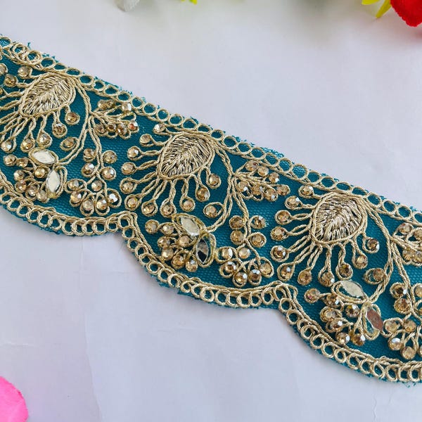 Teal Gold Scalloped Rhinestone Trim – 2 Inch Embroidered Zari Lace, 2" Wide, 1 Yard