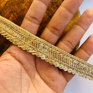 Metallic Gold Indian Lace Trim: Embellished Saree Border, DIY Sewing, 1 Yard