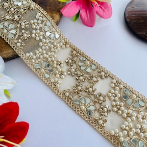 Mirror Pearl Zircon Flower Trim, Décor Strip for Bordering Saree, Mirror Trim Lace Boho Wedding, Pale Gold Saree Edging Lace Fabric by Yard