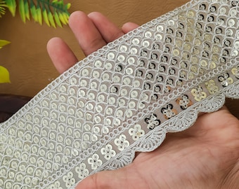 Gold Embroidered Lace Trim Sequin Border for Wedding Dress Sewing, 1 Yard