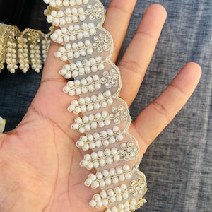Antik Gold Perlen Zirkon Jakobsmuschel Borte, Indische bestickte Sari Spitze, Hochzeitsschärpe Lehenga Dupatta Borte