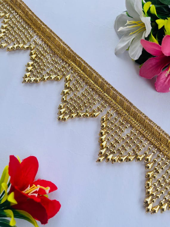 Golden Beaded Fringe Lace Trim: 2.5" Zari Drop, Wedding Dress Border, 1 Yard