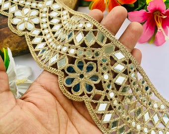 3" Wide Floral Mirror Work Lace Trim Golden Scalloped Saree Border, 1 Yard