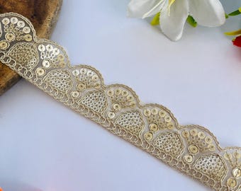1 Yard, Gold Sequin Embroidered Trim | Bridal Dress Blouse Edging | Couture Sewing Trim