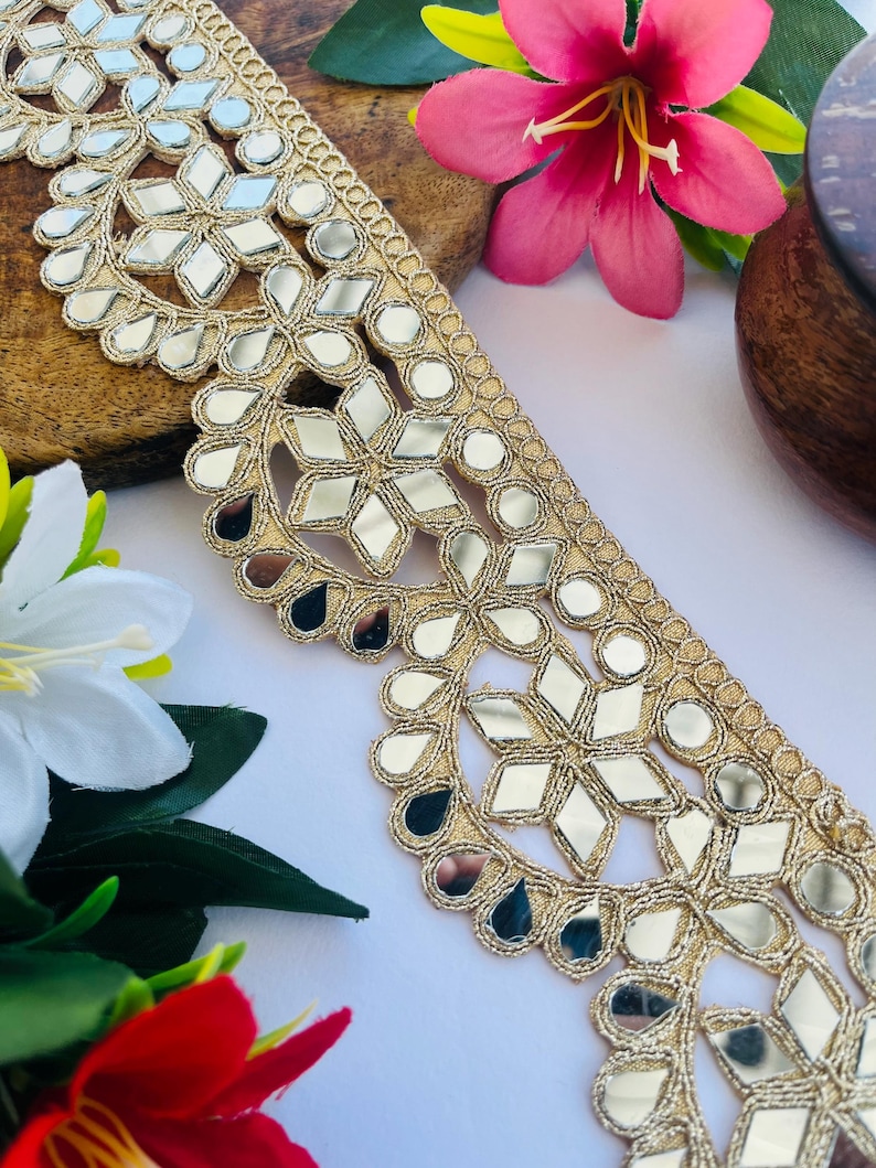 Mirror Trim Lace, Zari Lace Border, Gold Embellish Trim, Indian Saree Border, Wedding Dress Trim, DIY Lace for Crafts, Sewing Trim Supplies, Mirror Embroidery, Geometric Lace Trim, Curtain Border Lace, Gold Lace Lehenga, Handmade Zari Lace, Home Décor Trim