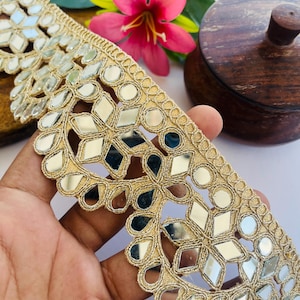 Mirror Trim Lace, Zari Lace Border, Gold Embellish Trim, Indian Saree Border, Wedding Dress Trim, DIY Lace for Crafts, Sewing Trim Supplies, Mirror Embroidery, Geometric Lace Trim, Curtain Border Lace, Gold Lace Lehenga, Handmade Zari Lace, Home Décor Trim