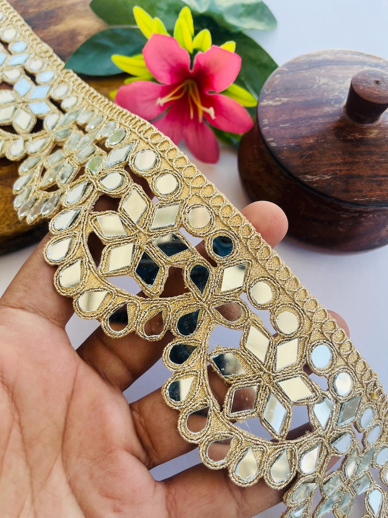 Mirror Trim Lace, Zari Lace Border, Gold Embellish Trim, Indian Saree Border, Wedding Dress Trim, DIY Lace for Crafts, Sewing Trim Supplies, Mirror Embroidery, Geometric Lace Trim, Curtain Border Lace, Gold Lace Lehenga, Handmade Zari Lace, Home Décor Trim